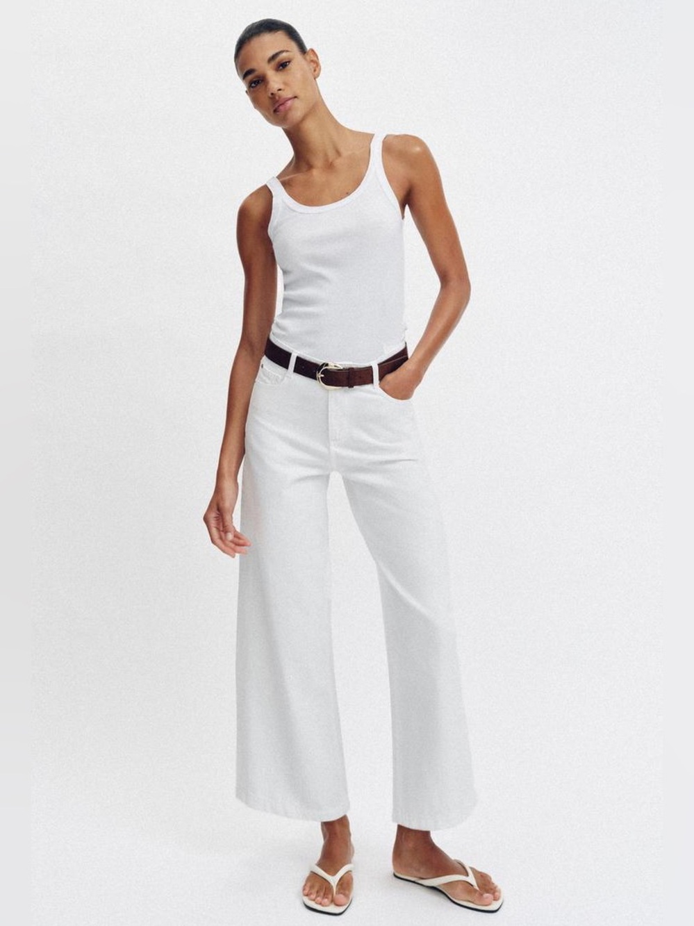 Zara White Wide Leg Cropped Brown Belted Jeans NWT size 8